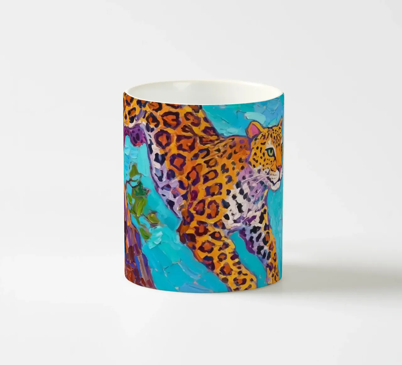 Leopard jumping between tree ceramic mug by Slash Shop