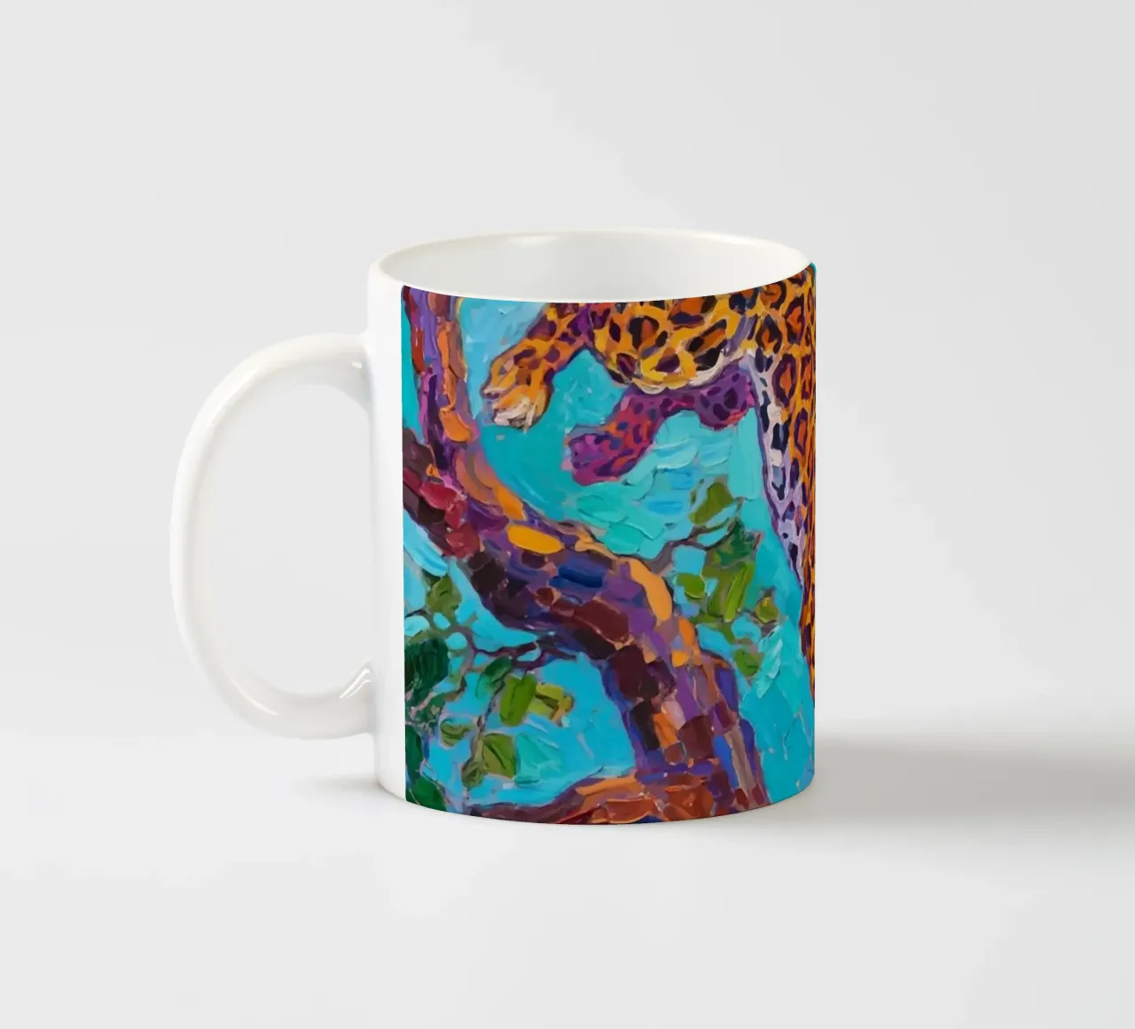 Leopard jumping between tree ceramic mug by Slash Shop
