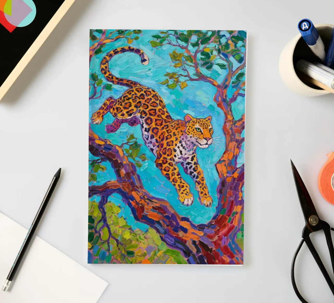 Leopard jumping between tree notebook by Slash Shop