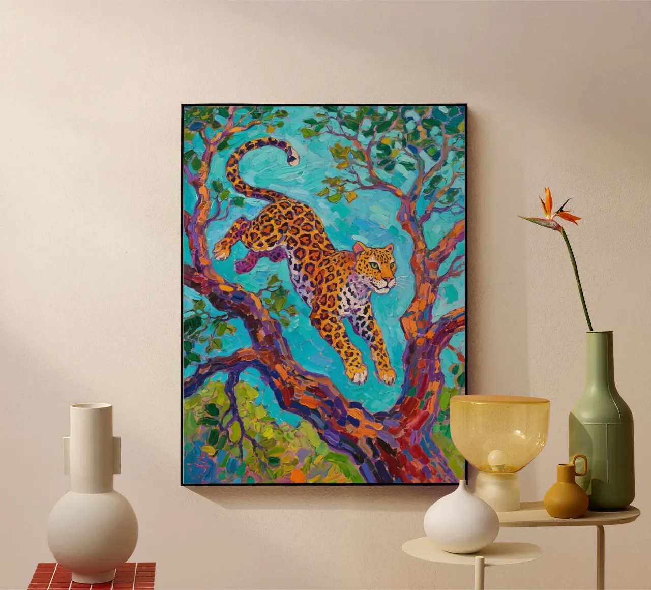 Leopard jumping between tree plexiglas de Slash Shop