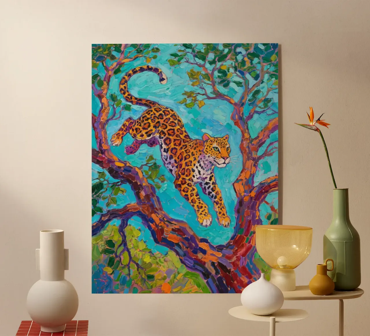 Leopard jumping between tree plexiglas de Slash Shop