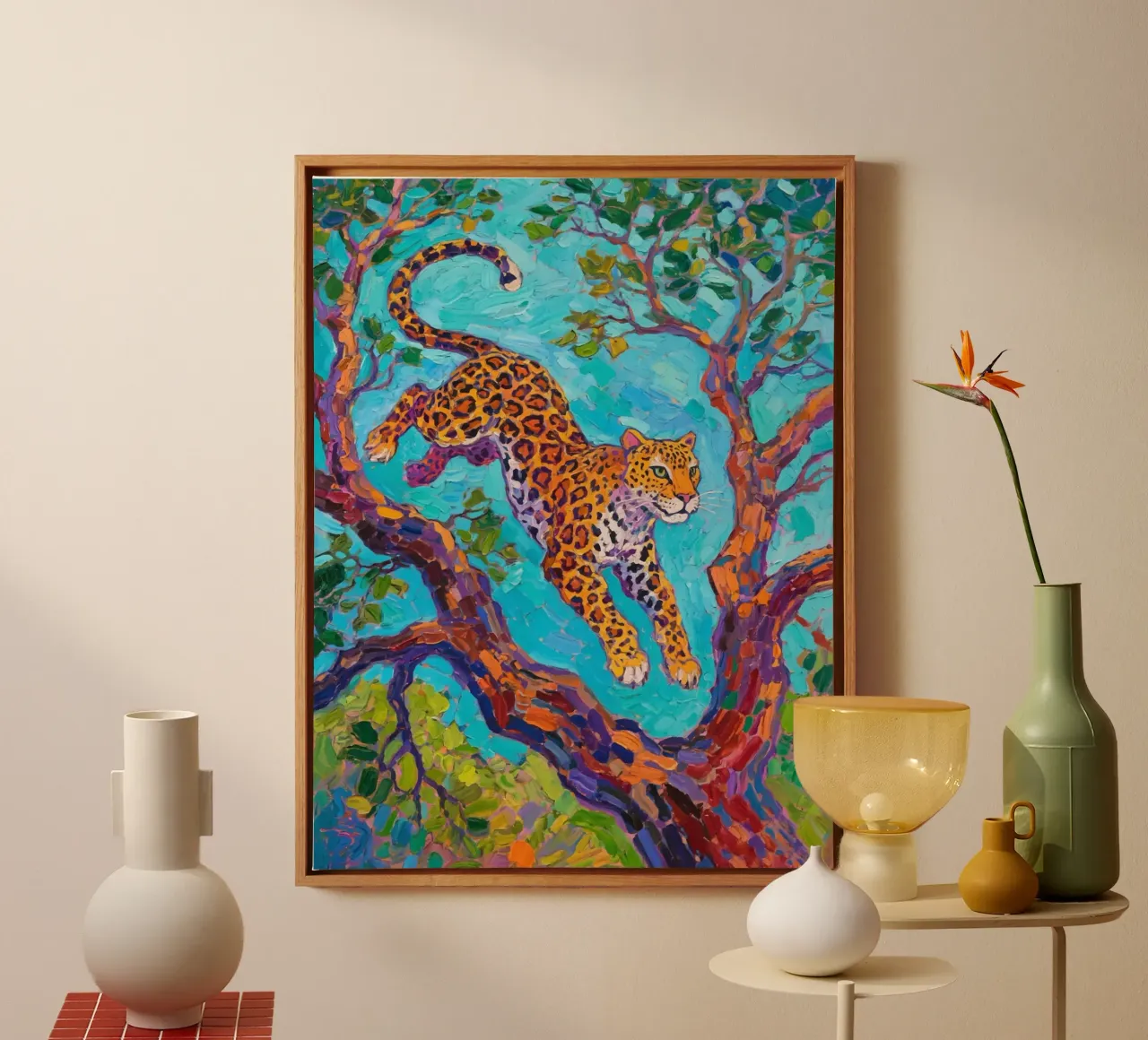 Leopard jumping between tree canvas by Slash Shop