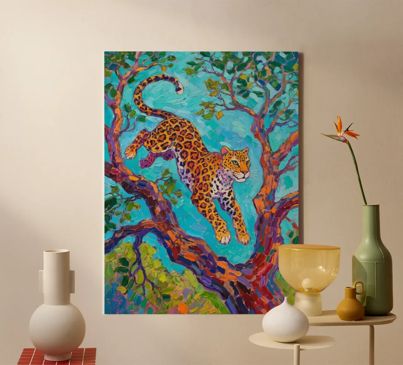 Leopard jumping between tree canvas by Slash Shop