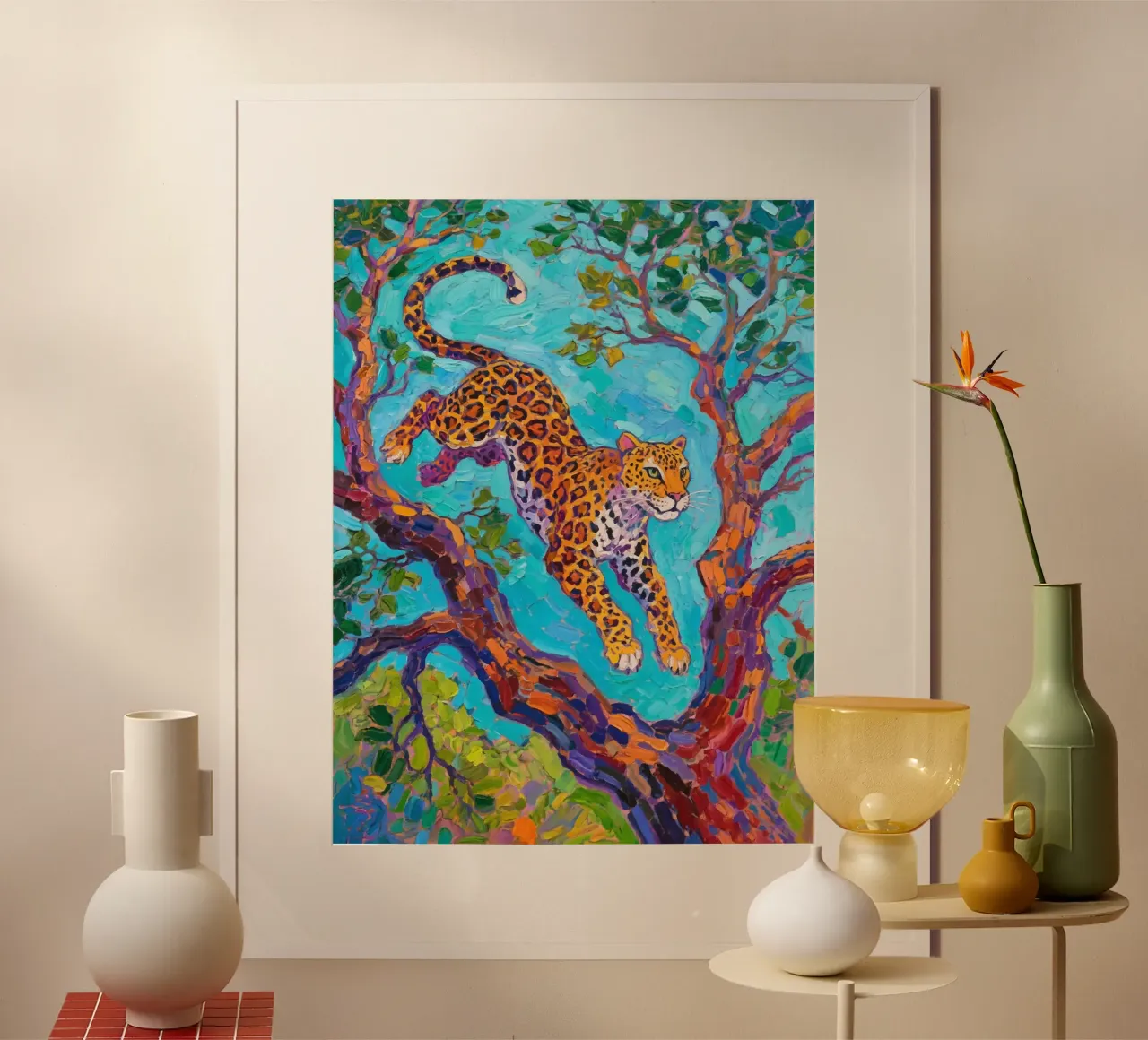 Leopard jumping between tree poster by Slash Shop