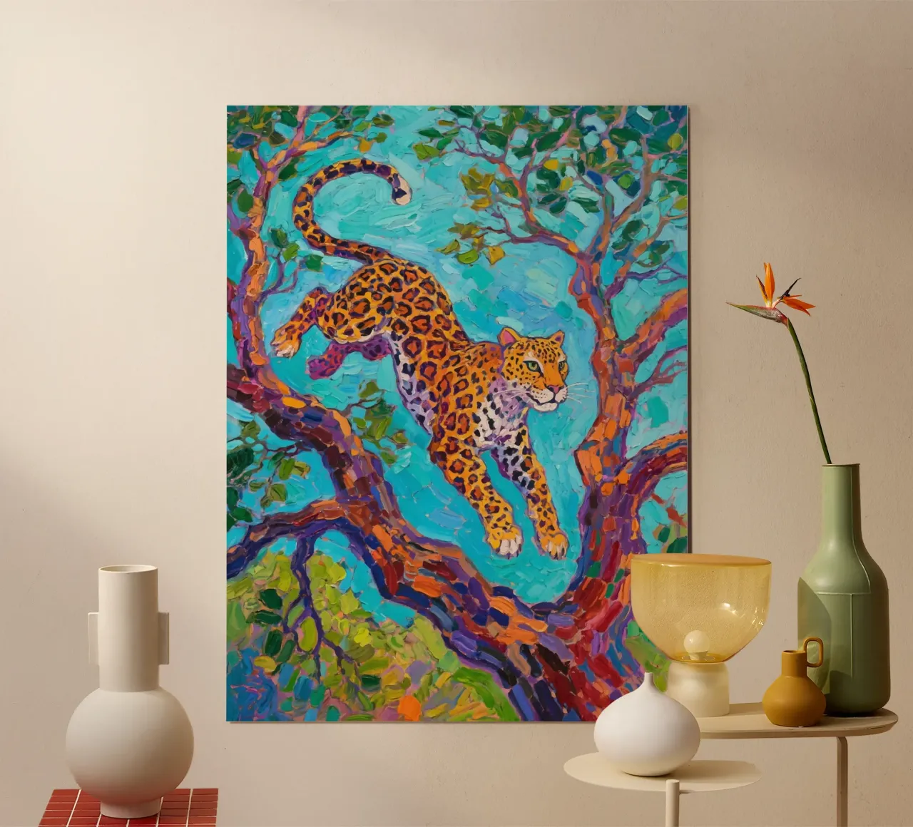 Leopard jumping between tree poster by Slash Shop
