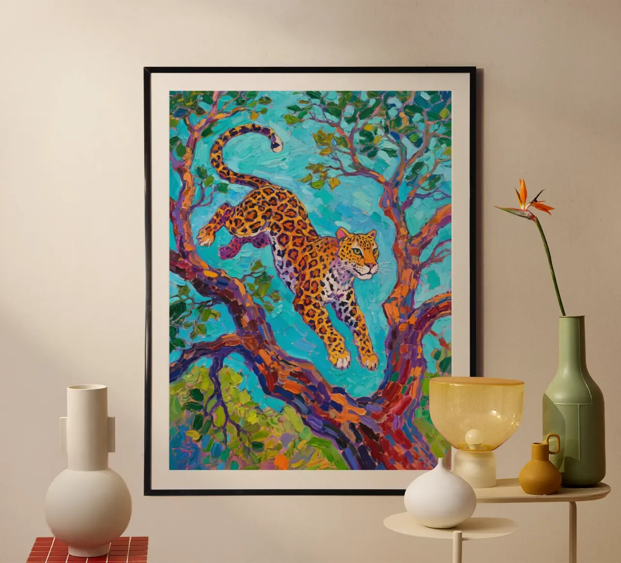 Leopard jumping between tree poster by Slash Shop