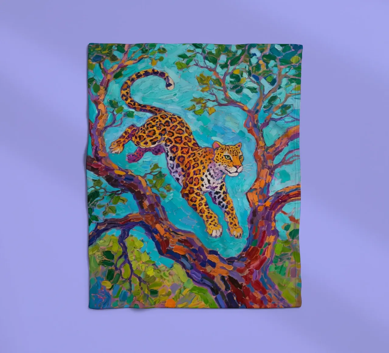 Leopard jumping between tree Fleecedecke von Slash Shop