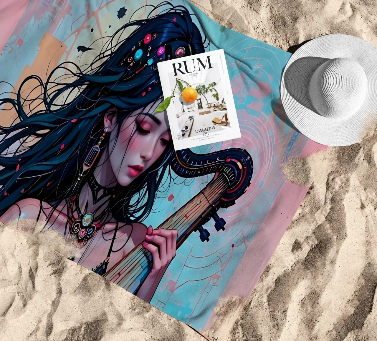 Donna e strumento telo mare da Piccola Serenata