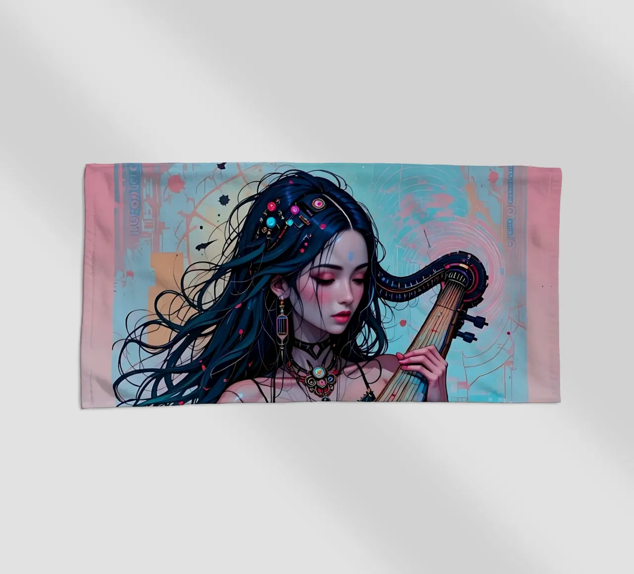 Donna e strumento telo mare da Piccola Serenata