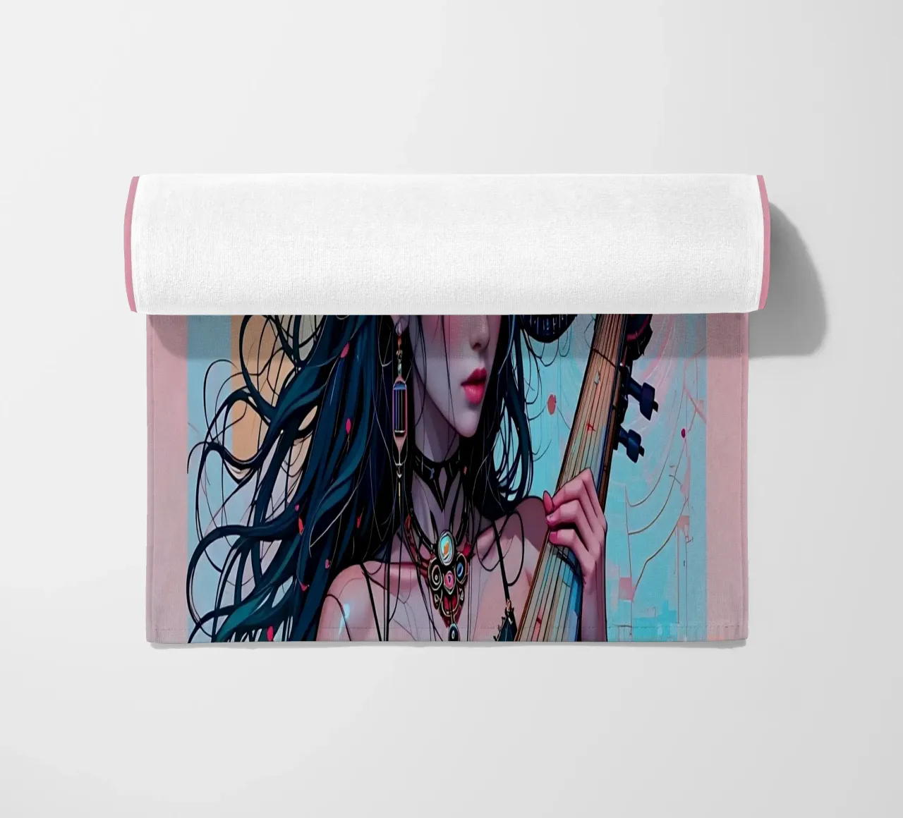 Donna e strumento telo mare da Piccola Serenata