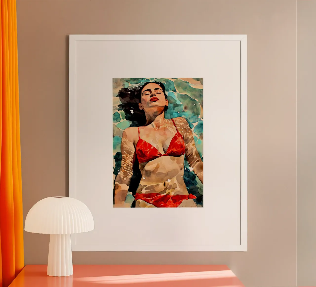 Donna Vita - Illustrazione acquerello bagno caldo poster con telaio in legno da Justyna Jaszke JBJart