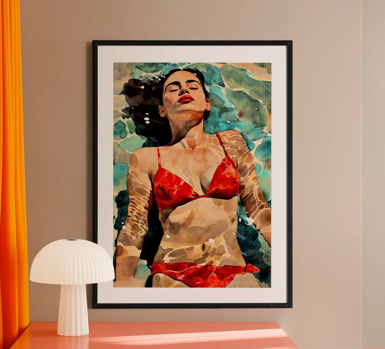 Donna Vita - Illustrazione acquerello bagno caldo poster con telaio in legno da Justyna Jaszke JBJart