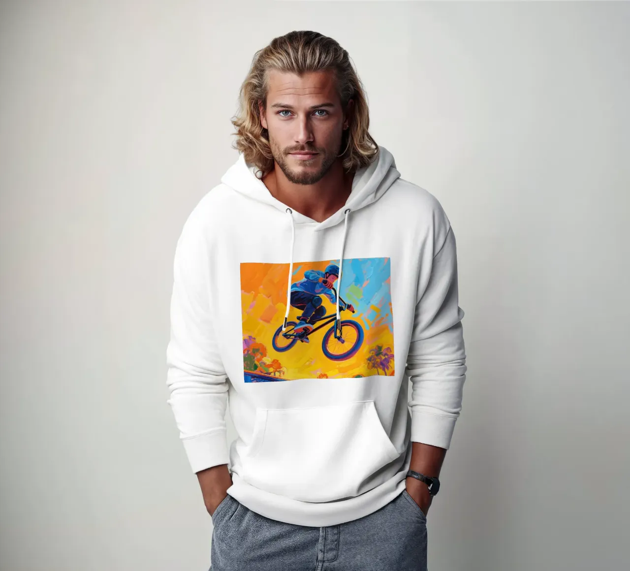 Ciclista di BMX a metà corsa in aria felpa con cappuccio da Slash Shop