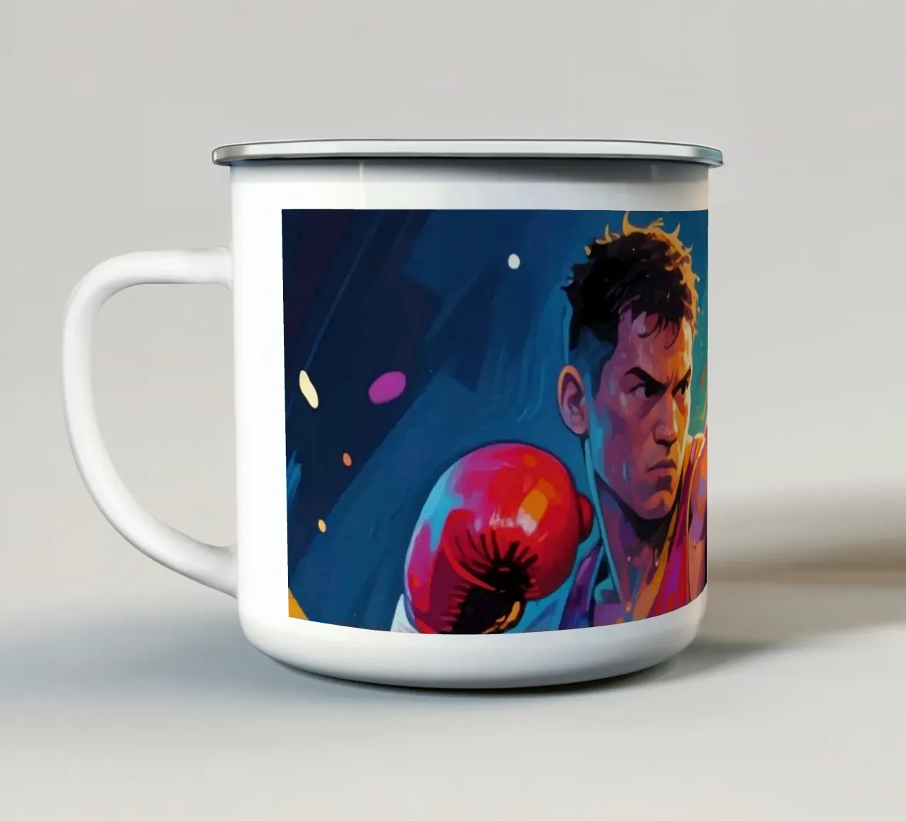 Pugile che colpisce un pugno tazza in smalto da Slash Shop