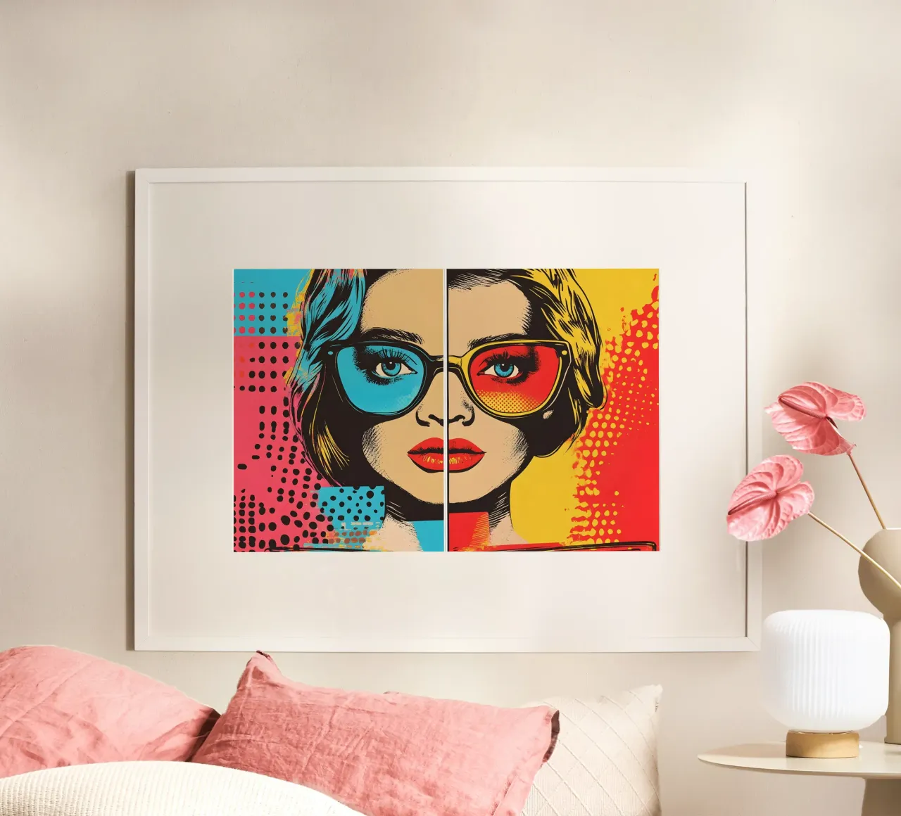 Pop art-inspired portrait of a woman poster with plastic frame by M-Ulrich-Digital Art