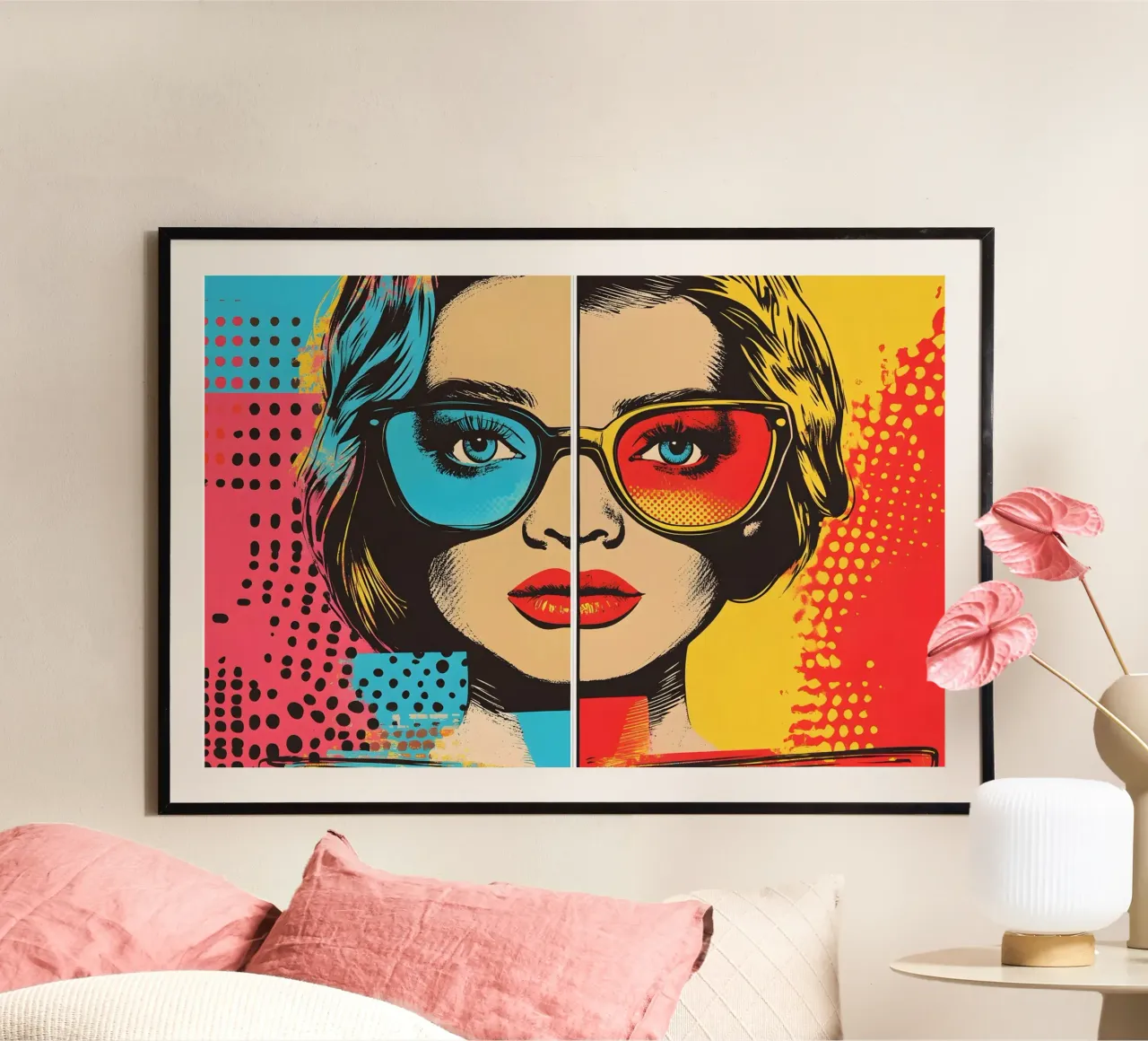 Pop art-inspired portrait of a woman poster with plastic frame by M-Ulrich-Digital Art