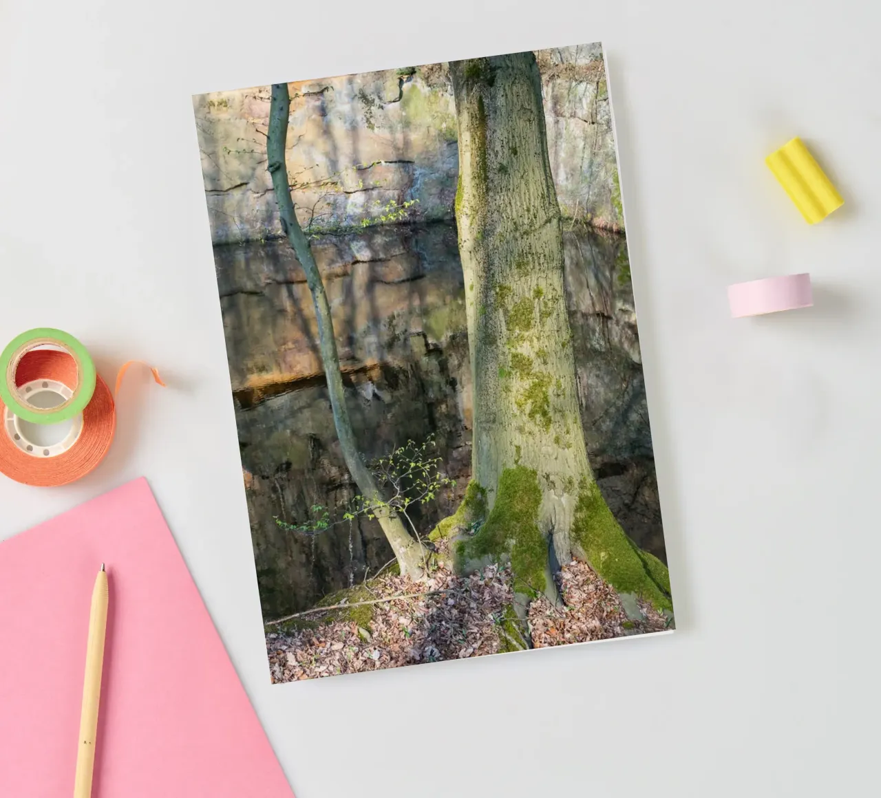 Tree and reflection of rocks in the water notebook by Heidemüllerin