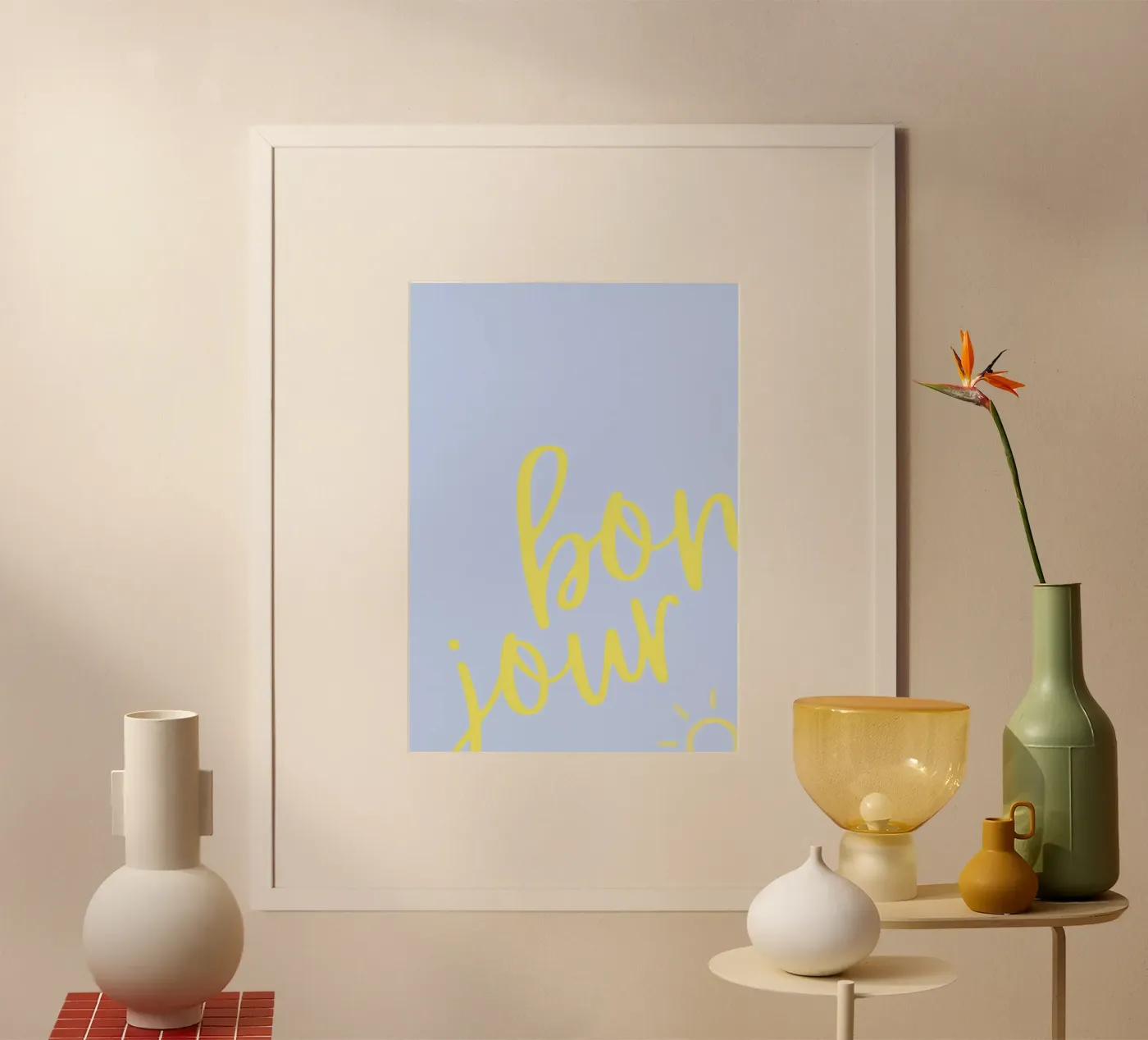 Bonjour Sunshine – Pastel Typo Print poster by Roamance Studio