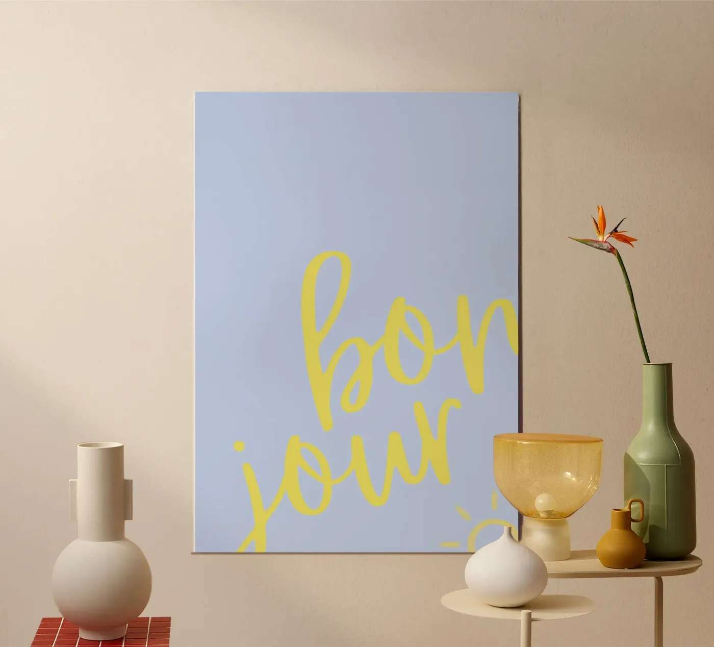 Bonjour Sunshine – Pastel Typo Print poster by Roamance Studio