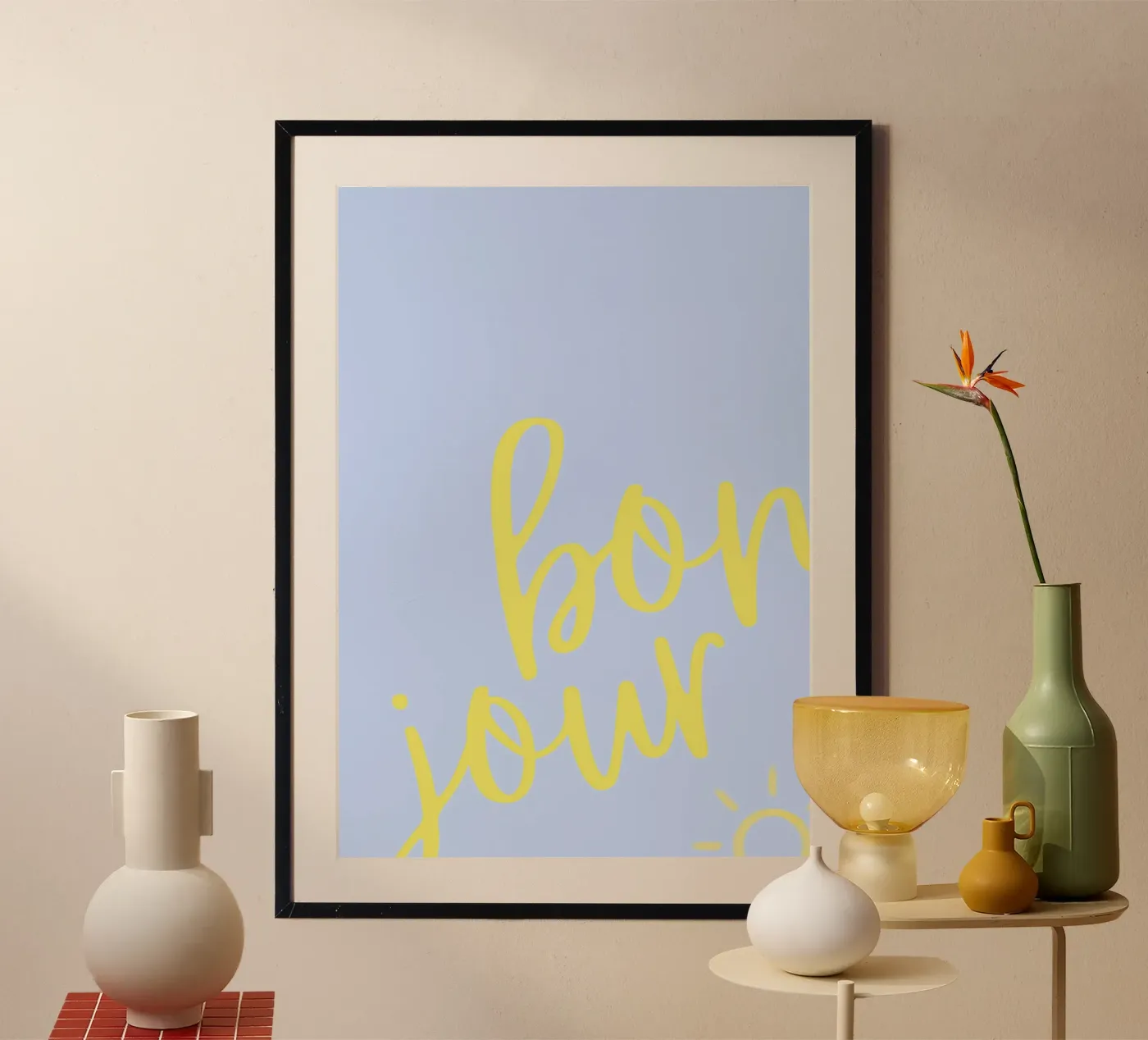 Bonjour Sunshine – Pastel Typo Print poster by Roamance Studio