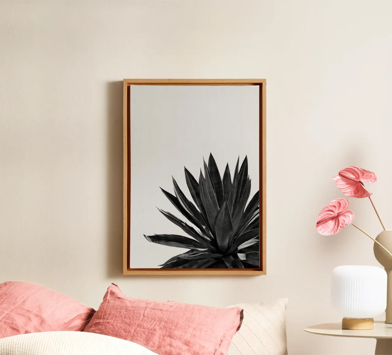 Agave Cactus Zwart & Wit canvas met Baklijst van Orara Studio
