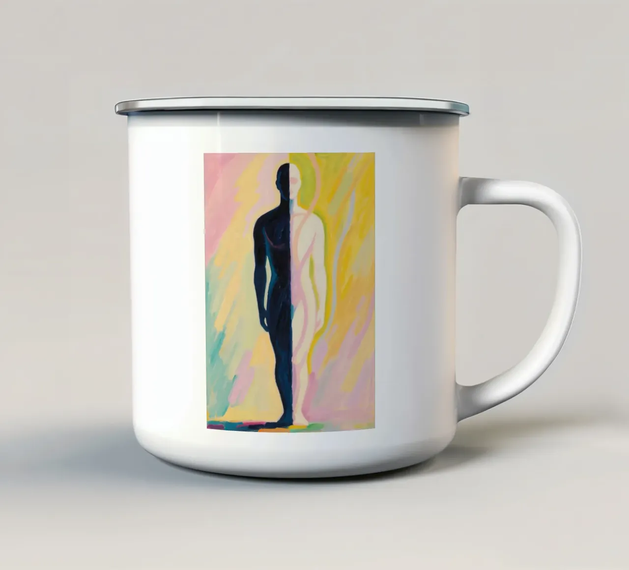 Figura umana con metà scura e metà chiara tazza in smalto da Slash Shop