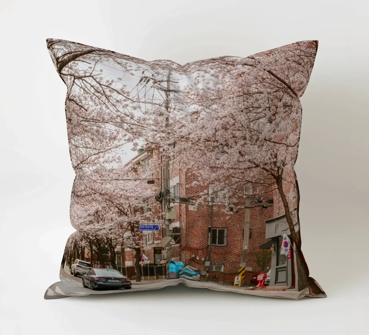 La strada dei ciliegi in fiore a Seul, Corea del Sud cuscino da mbgraphx2