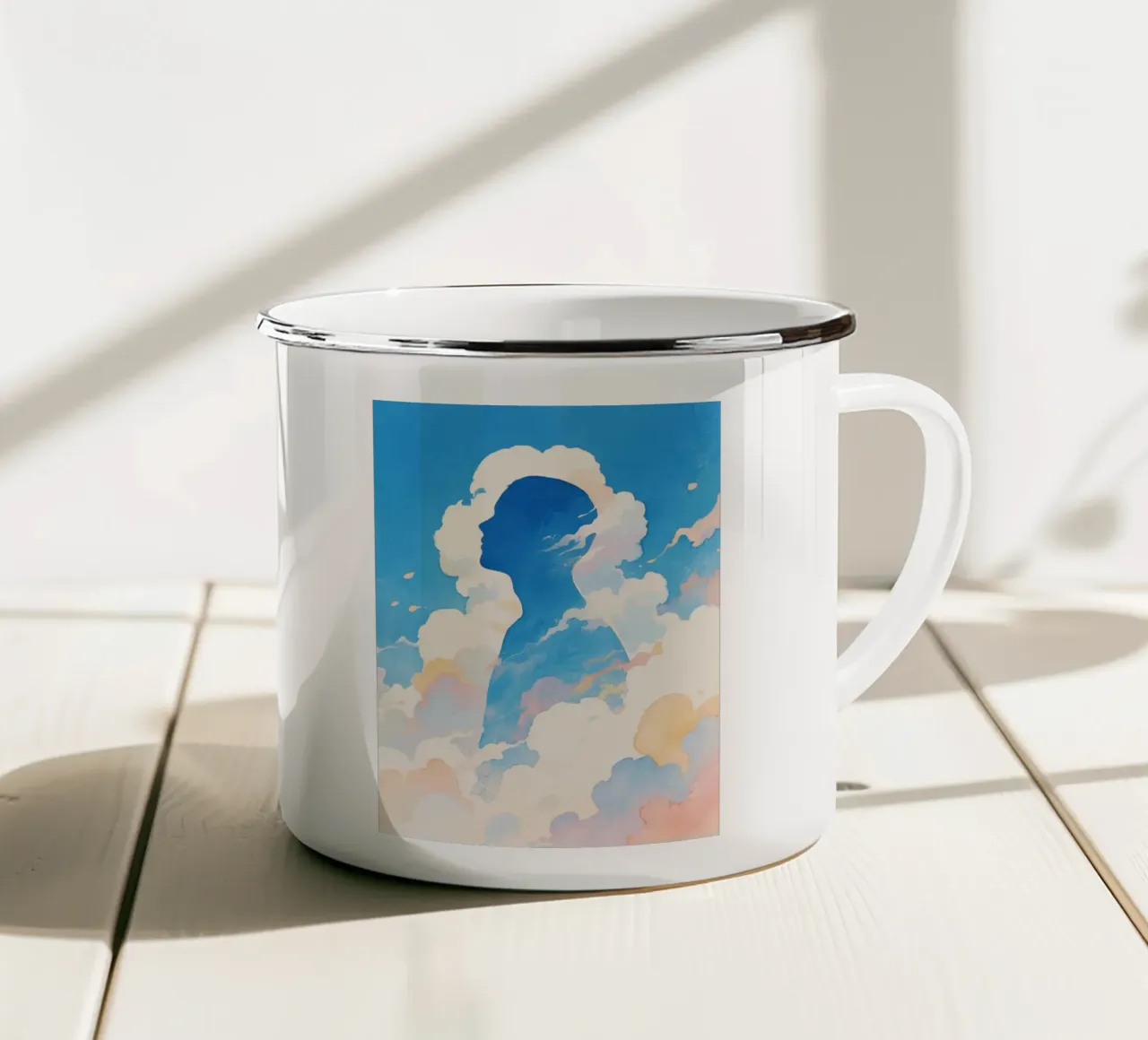 Sagoma umana che si dissolve in una soffice nuvola tazza in smalto da Slash Shop