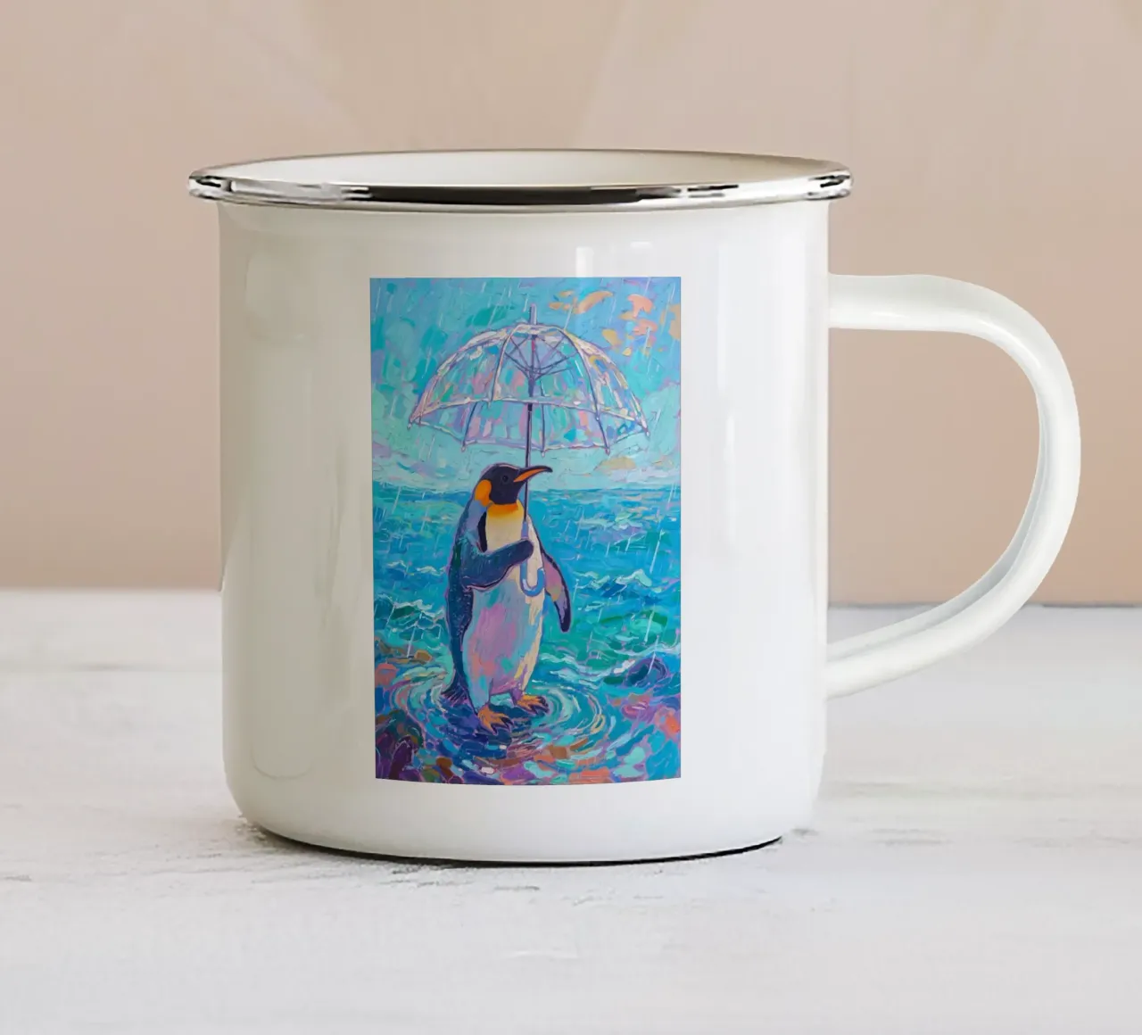 Pinguino con ombrello in mano tazza in smalto da Slash Shop