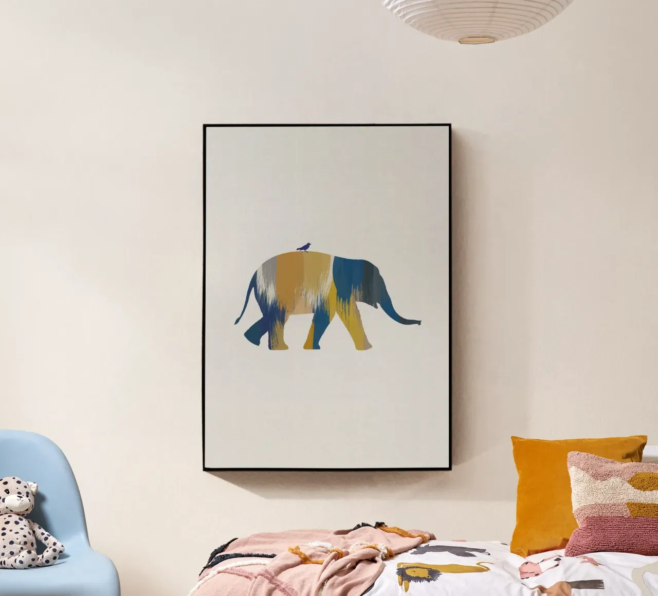 Blauwe en gele olifant acryl van Orara Studio