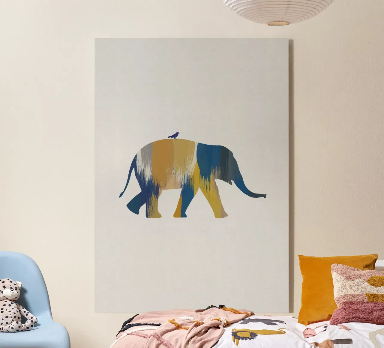 Blauwe en gele olifant acryl van Orara Studio