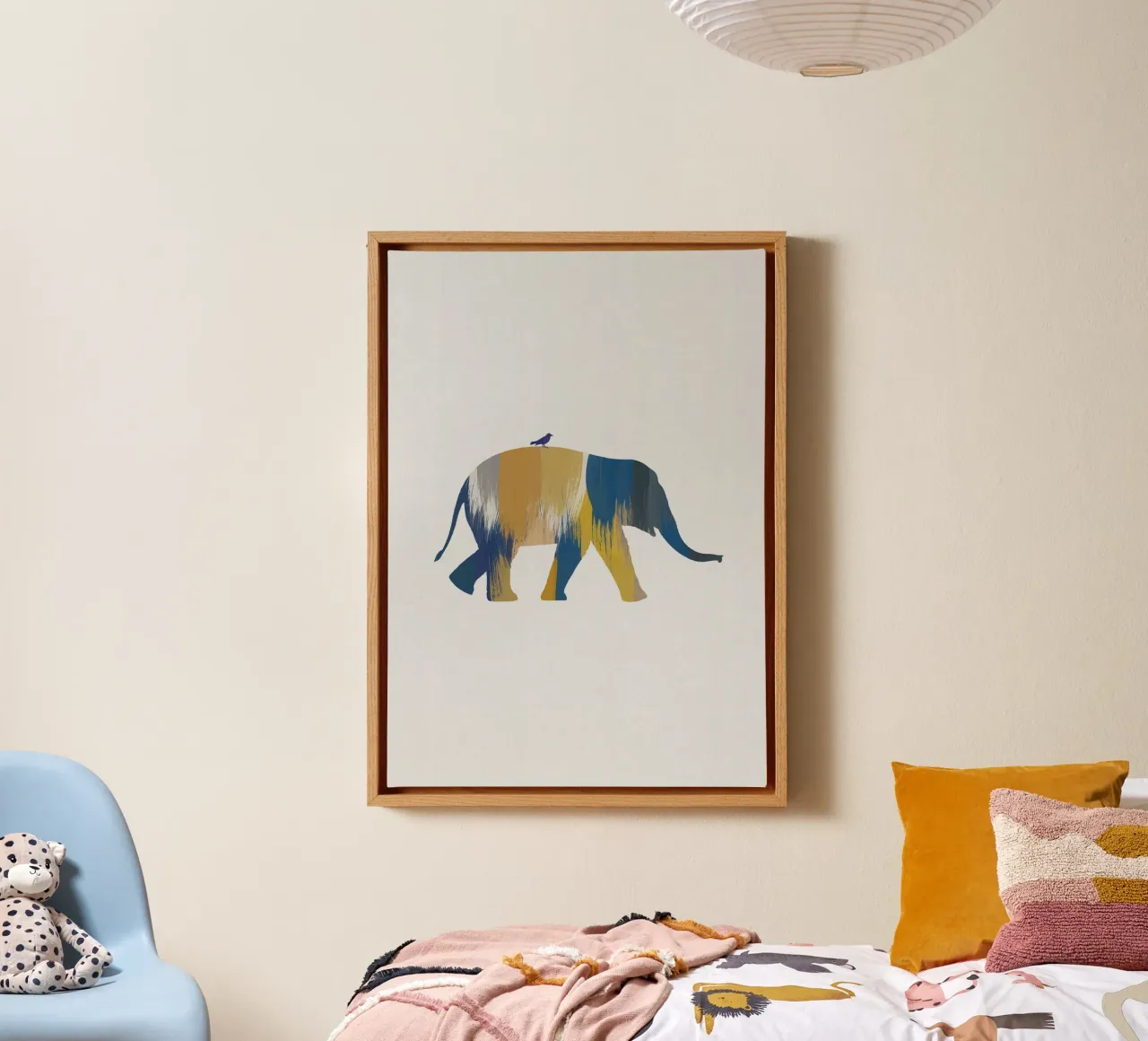 Blauwe en gele olifant canvas van Orara Studio