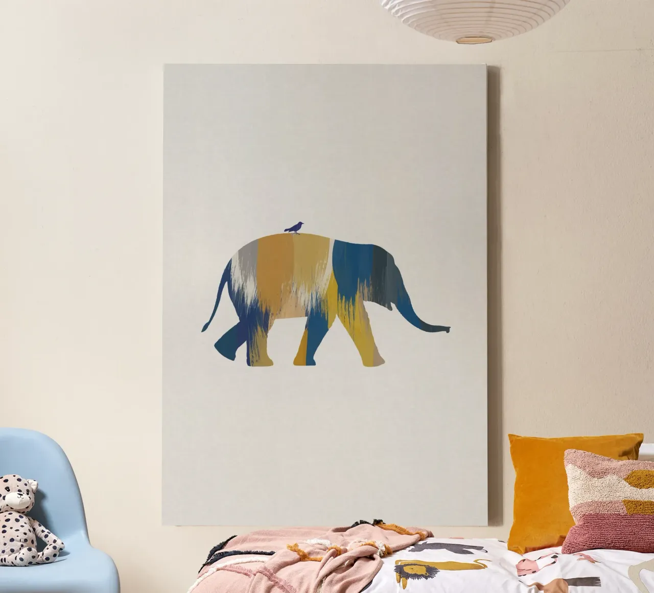 Eléphant bleu et jaune toile avec Caisse américaine de Orara Studio