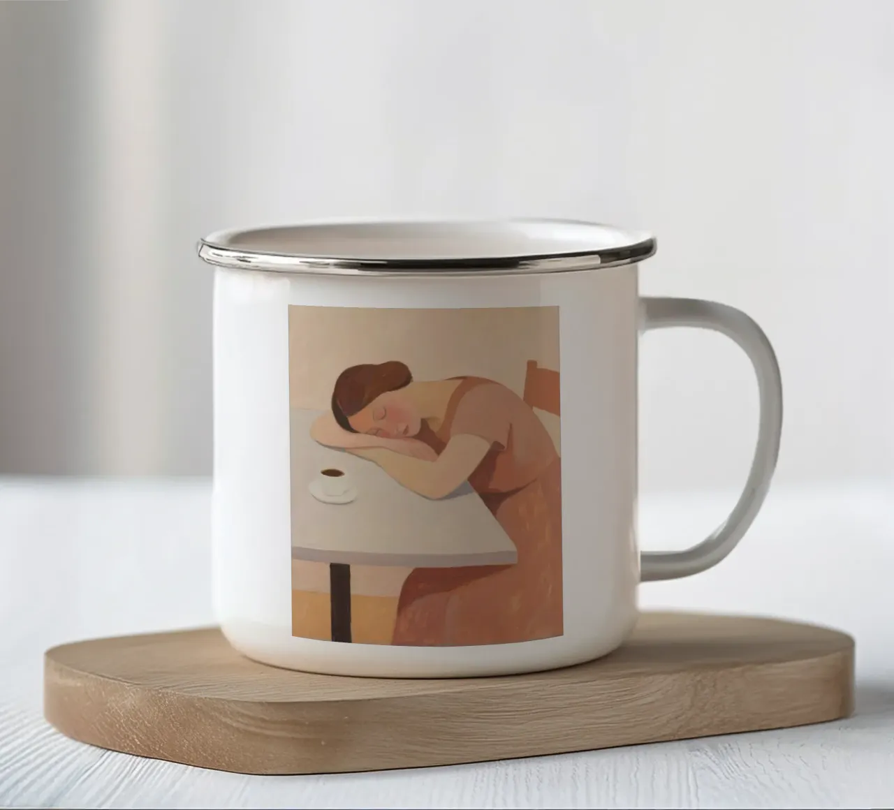 Donna addormentata sul tavolo con un bicchiere di caffè tazza in smalto da Slash Shop