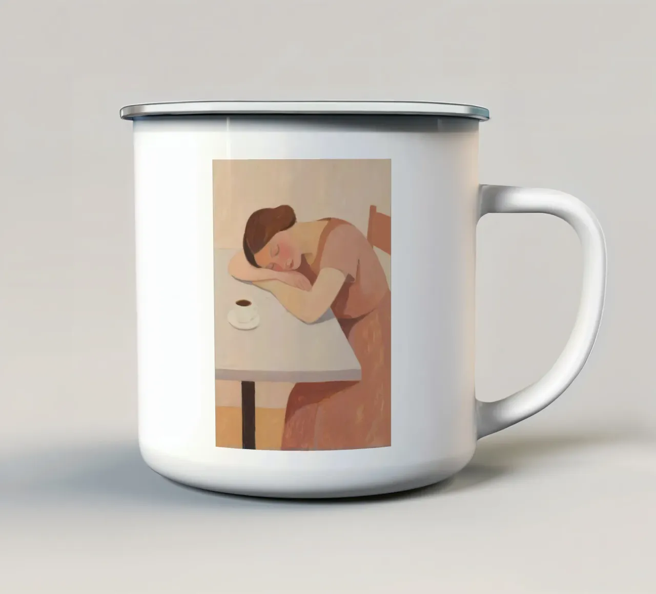 Donna addormentata sul tavolo con un bicchiere di caffè tazza in smalto da Slash Shop