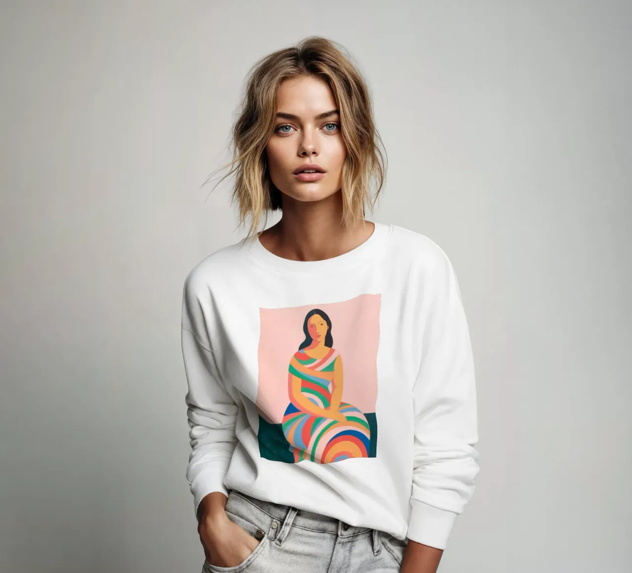 Woman with swirl style sweatshirt by Slash Shop