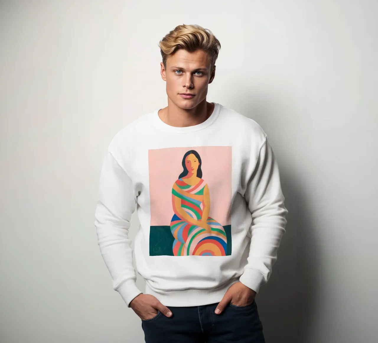 Woman with swirl style sweatshirt by Slash Shop