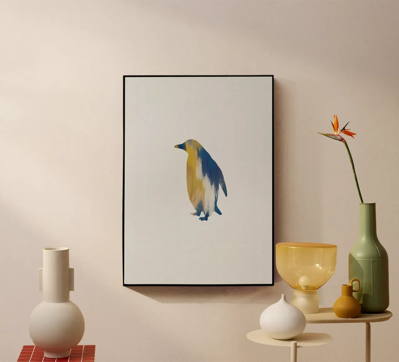 Pinguino blu e giallo plexiglass da Orara Studio