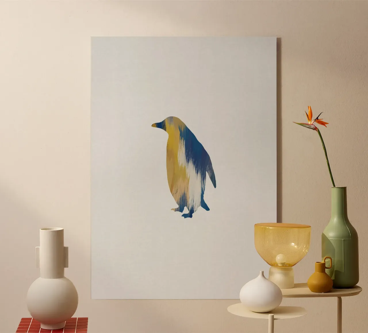 Pinguino blu e giallo plexiglass da Orara Studio