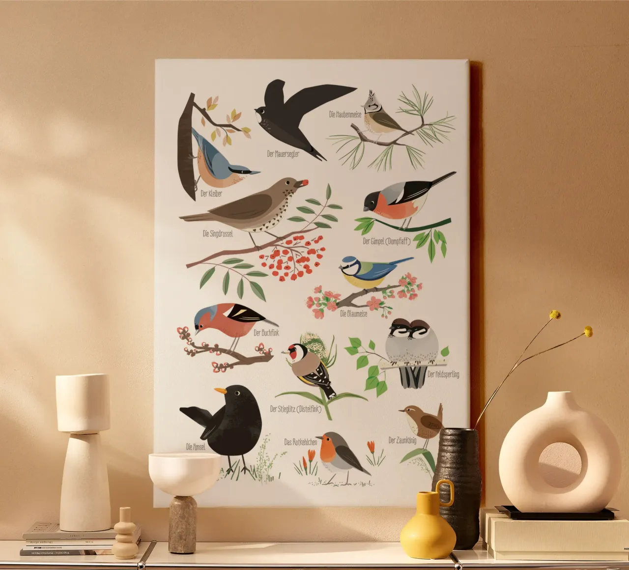 Inheemse vogels canvas met Baklijst van VIERUNDFÜNFZIG