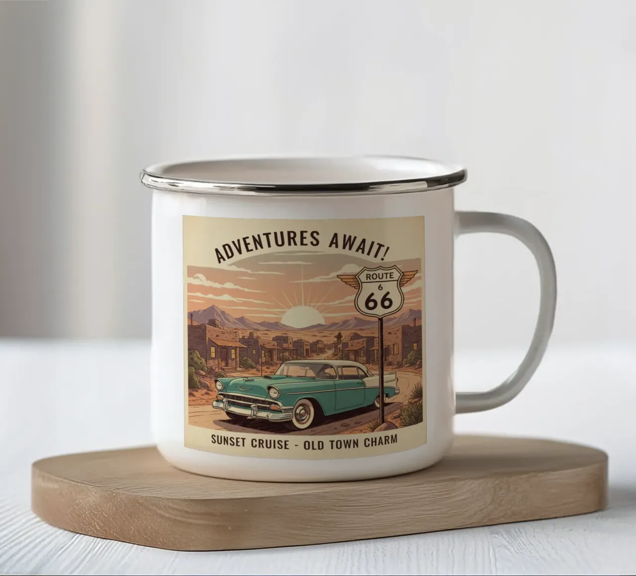 Avventure in attesa di un'auto d'epoca tazza in smalto da Wild Life studio