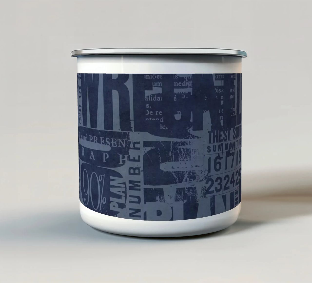 Urban Style Grunge Typography Letters And Numbers Blue Emaille Tasse von Andrea Haase Modern Home