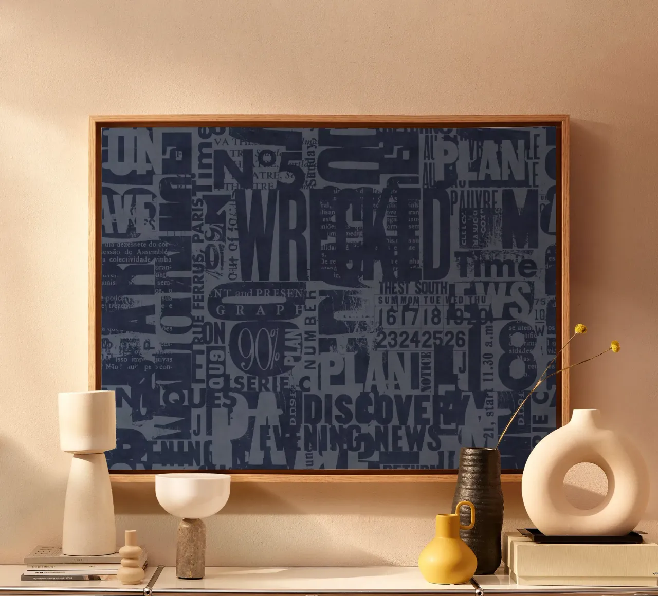 Urban Style Grunge Typography Letters And Numbers Blue Leinwand mit Schattenfugenrahmen von Andrea Haase Modern Home