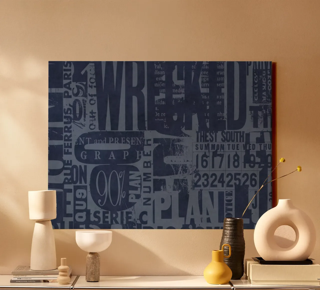 Urban Style Grunge Typography Letters And Numbers Blue Leinwand mit Schattenfugenrahmen von Andrea Haase Modern Home