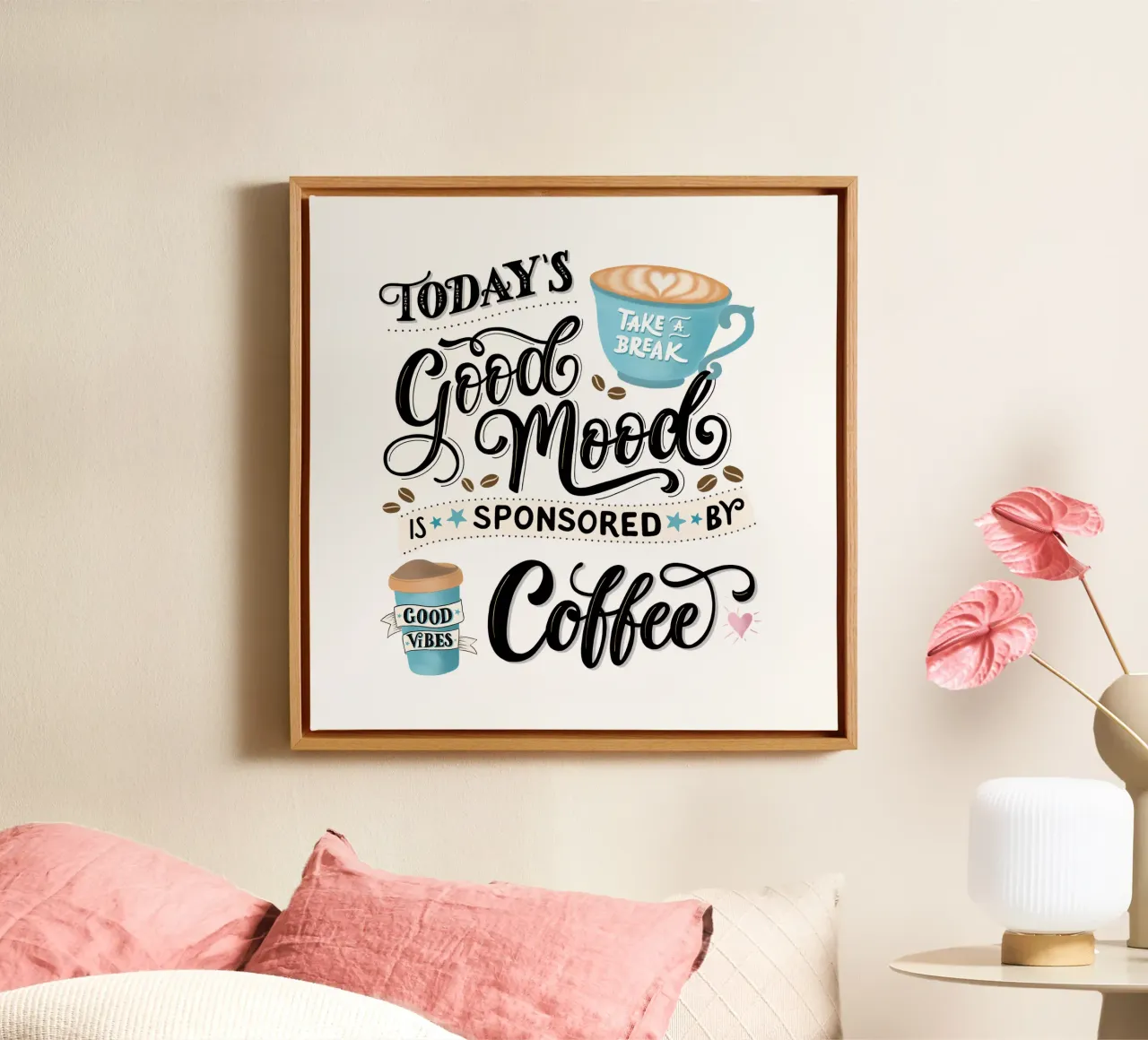 Detto del caffè. Buon umore. Buon umore. Felice tela con Cornice a cassetta da CalliLetters