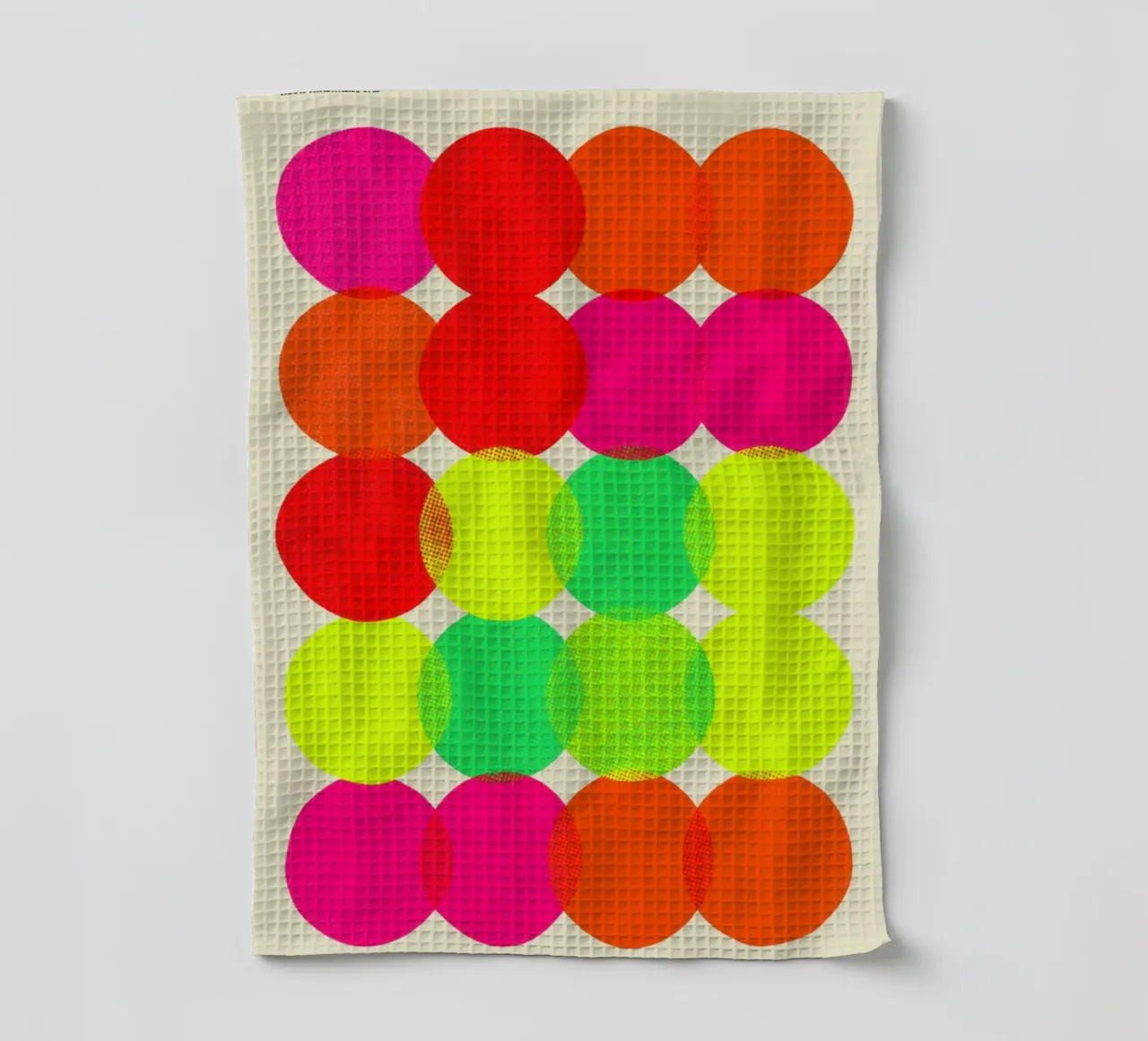 Neon colour circles | Pulsating colour field painting tea towel by Autofocus