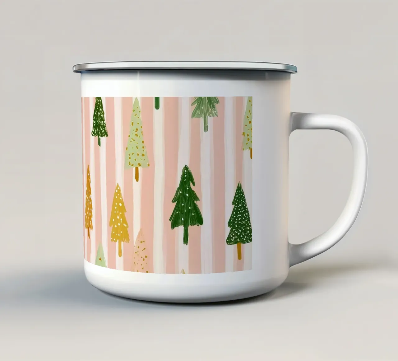 Alberi di Natale su strisce di colore bianco tazza in smalto da Roseberry Design