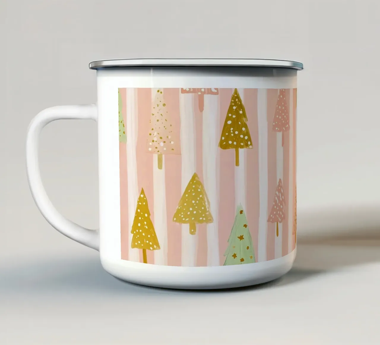 Alberi di Natale su strisce di colore bianco tazza in smalto da Roseberry Design
