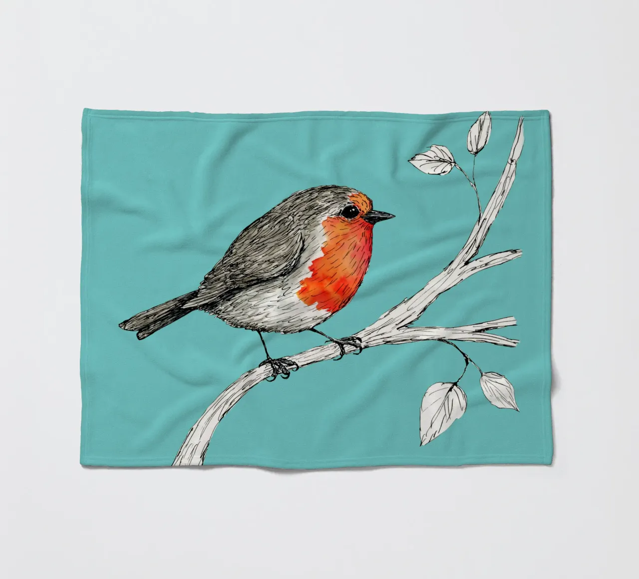 Robin pen and ink with watercolor fleece blanket by BwiseLizzy