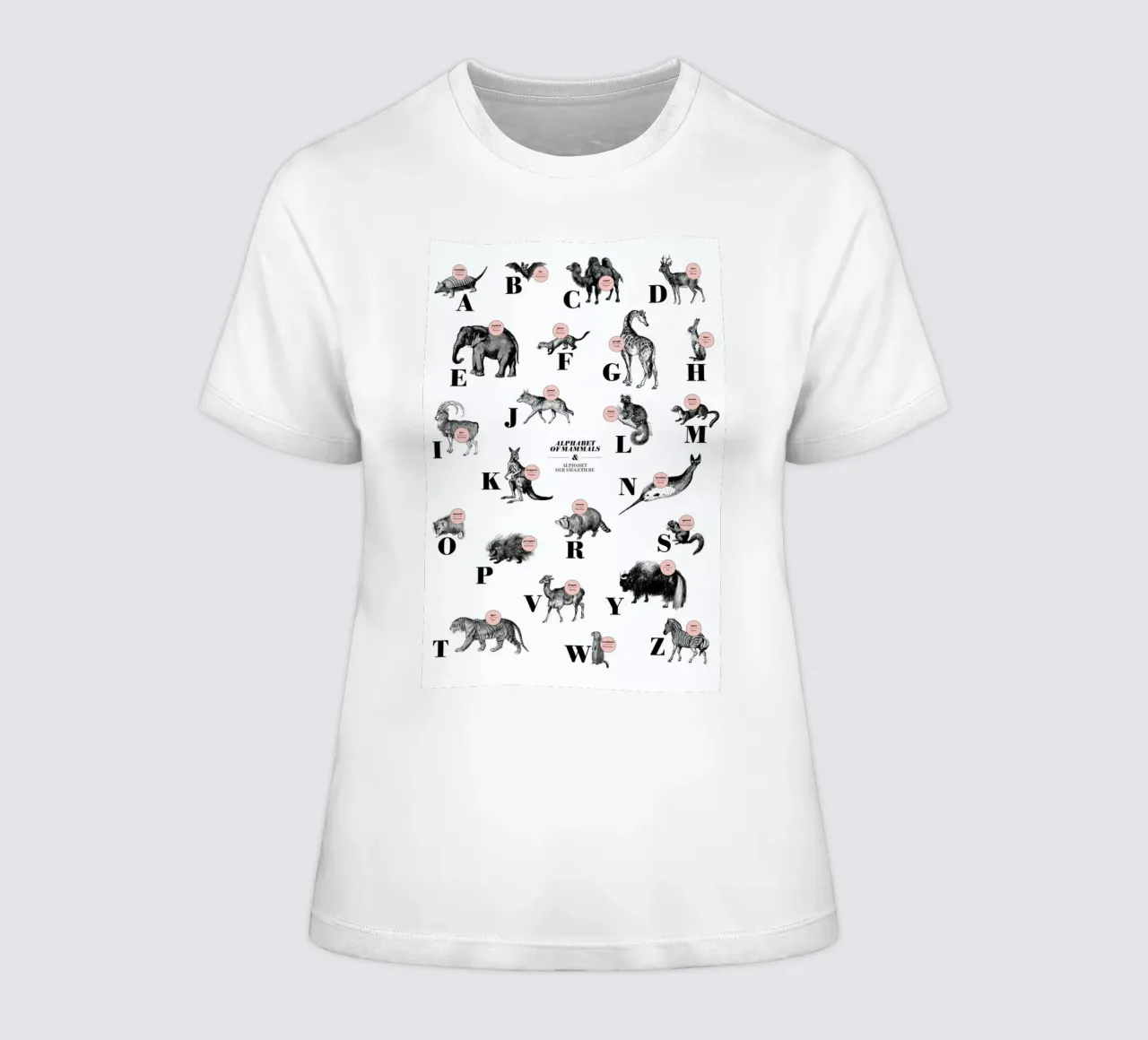 alphabet of mammals, animal ABC women's fitted t-shirt by The True Type